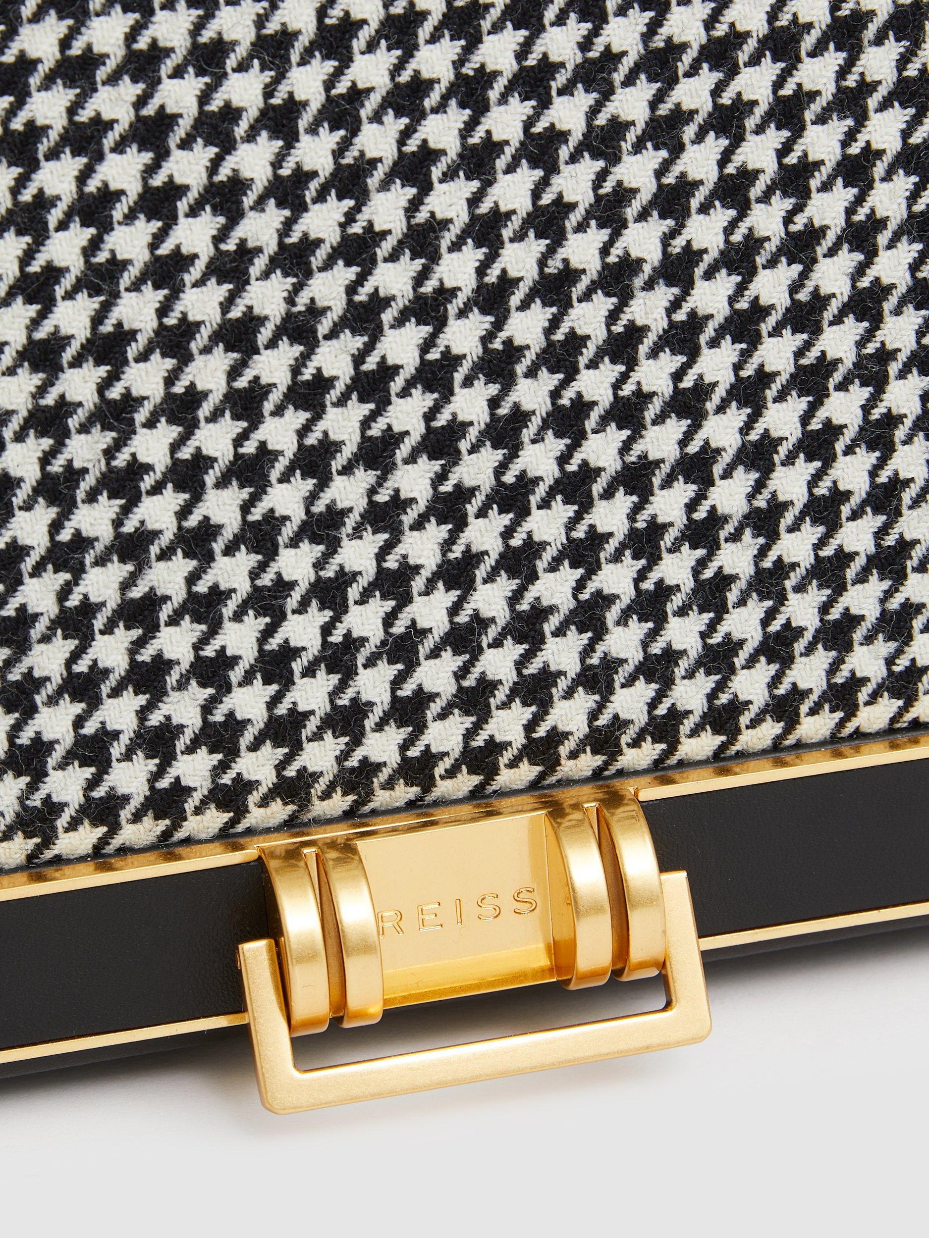 Product image 3 of 4, which shows Reiss Kora Leather Dogtooth Wool Crossbody Bag, Black