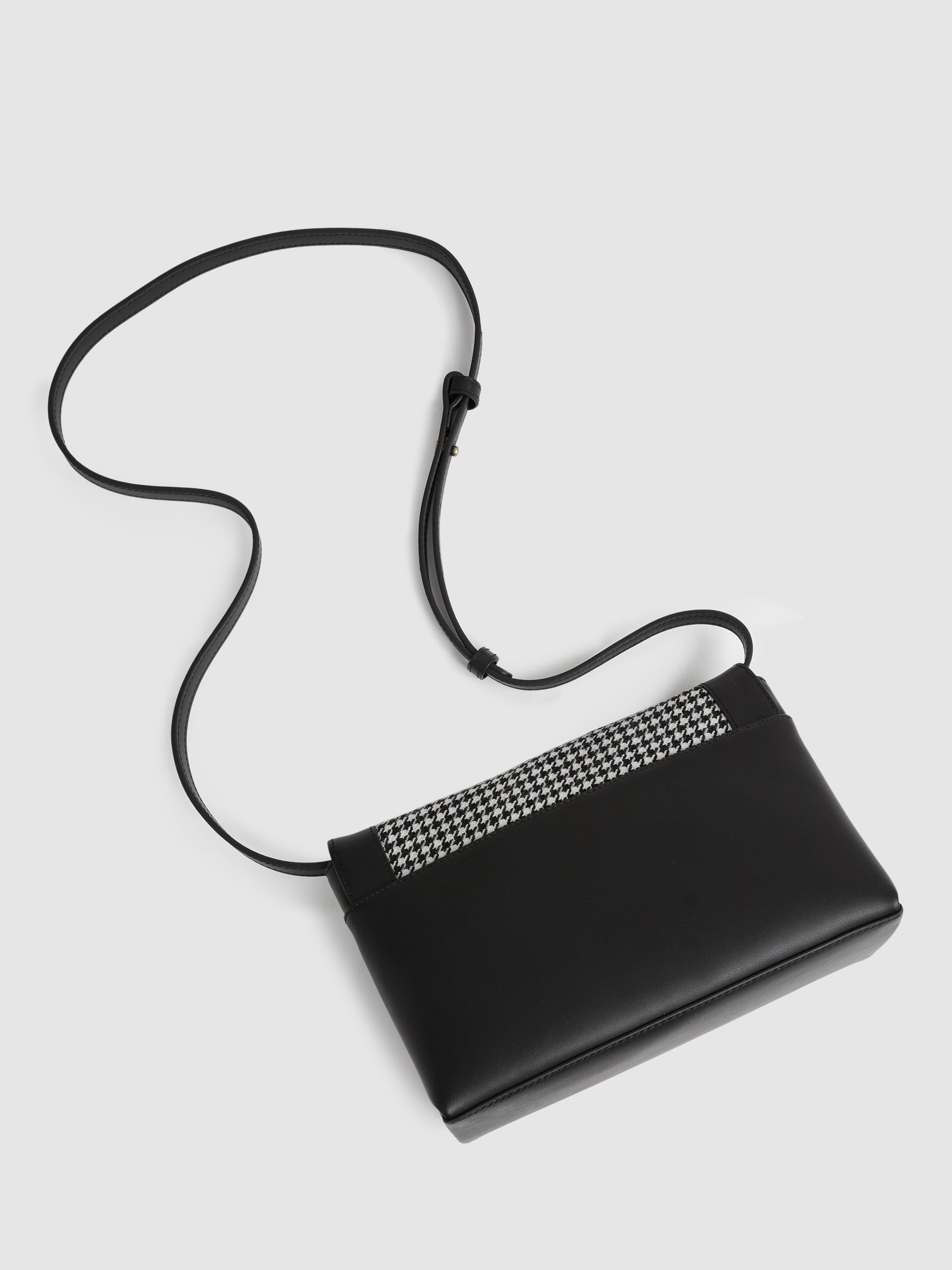 Product image 4 of 4, which shows Reiss Kora Leather Dogtooth Wool Crossbody Bag, Black