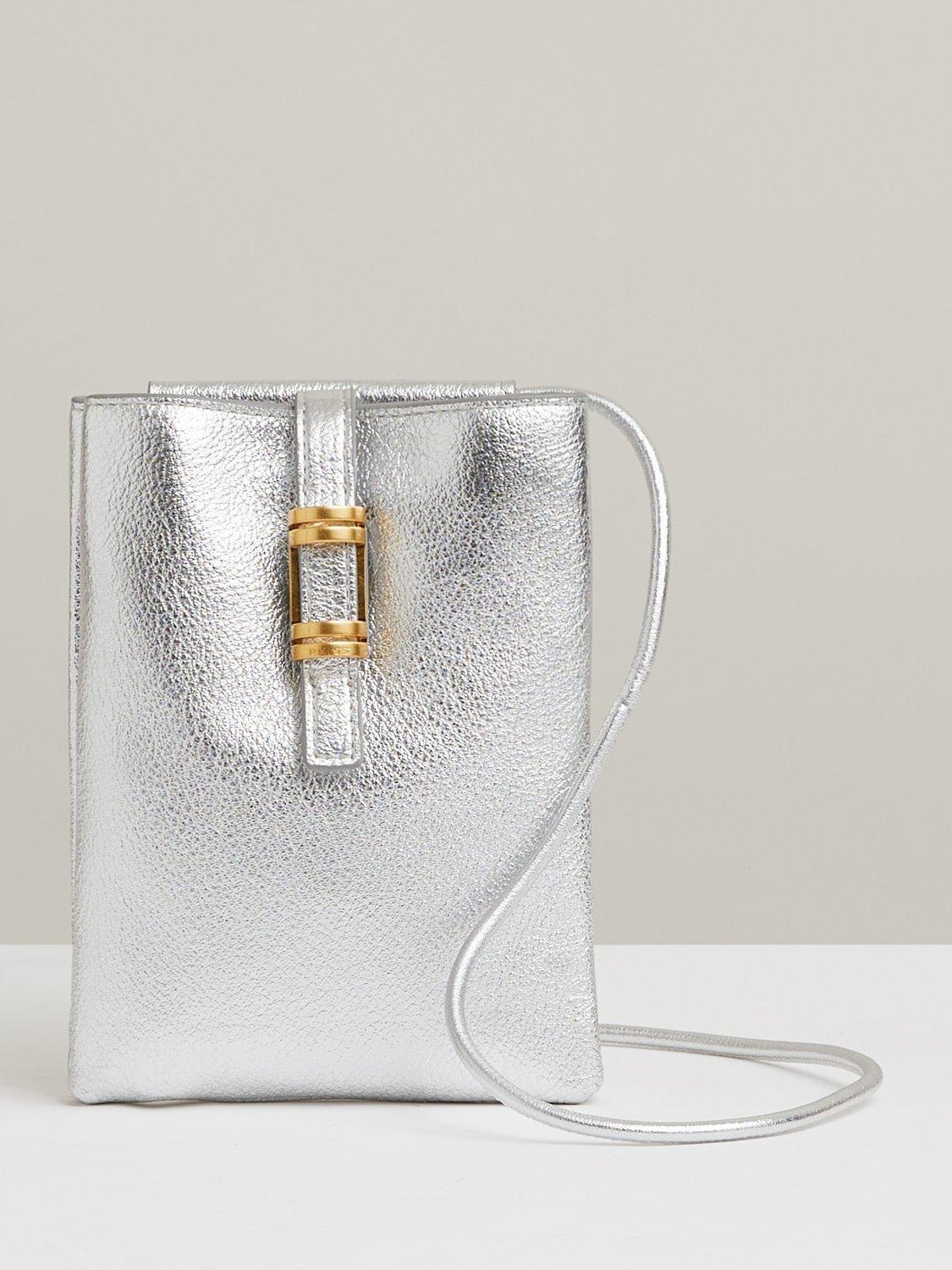 Reiss Vienna Leather Cross Body Phone Bag, Silver