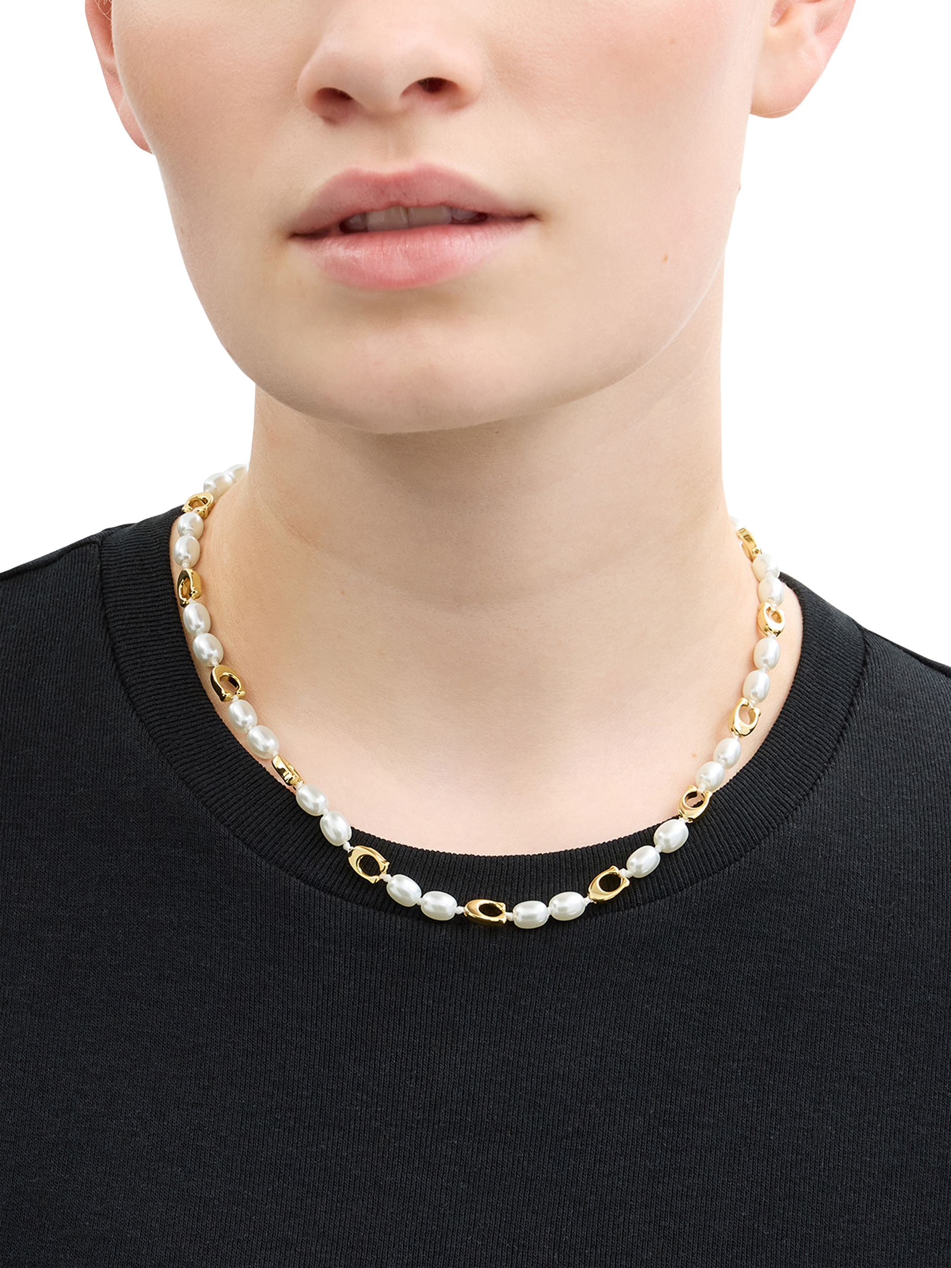 Product image 2 of 3, which shows Coach Faux Pearl Collar Necklace, Gold