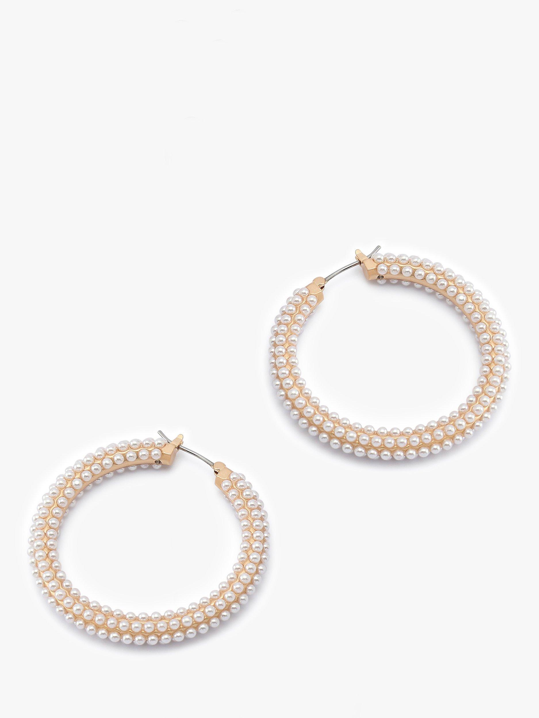 Product image 1 of 4, which shows AllSaints Pearl Hoop Earrings, Gold