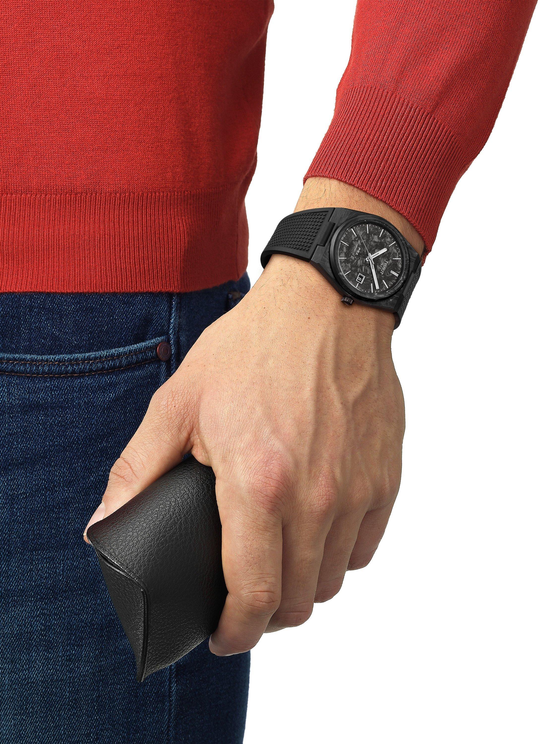 Product image 2 of 4, which shows Tissot Men's T1379079720100 PRX Powermatic 80 Silicone Strap Watch, Black