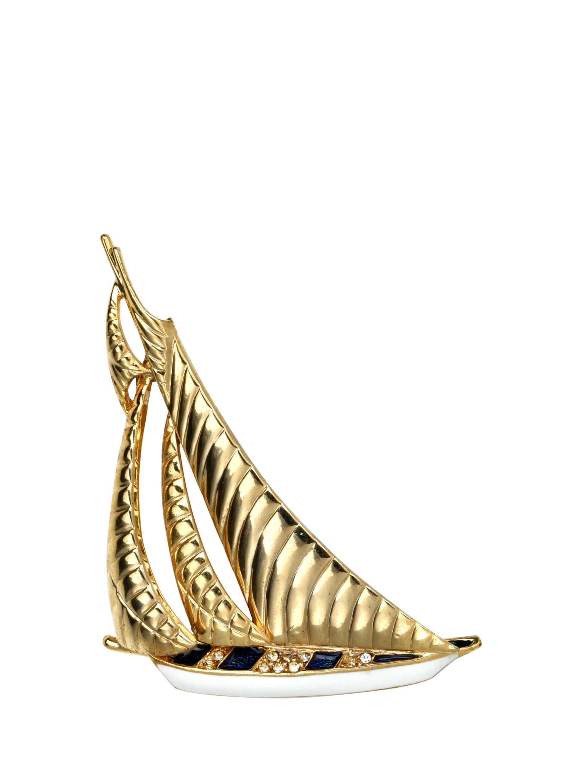 Product image 1 of 2, which shows Eclectica Pre-Loved Found Swarovski Crystal and Enamel Sailing Boat Brooch, Gold