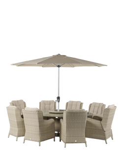 Bramblecrest Chedworth 8-Seater Garden Elliptical Dining Table & Chairs Set with Lazy Susan & Parasol, Sandstone, Sandstone