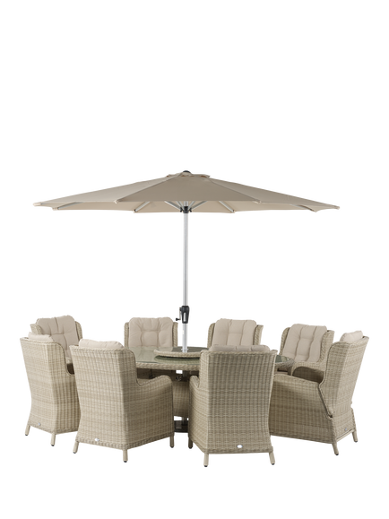 Bramblecrest Chedworth 8-Seater Garden Elliptical Dining Table & Chairs Set with Lazy Susan & Parasol, Sandstone, Sandstone