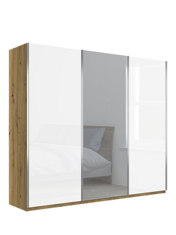 John Lewis Elstra 300cm White Glass & Mirrored 3 Sliding Doors Wardrobe, Bianco Oak, Bianco Oak