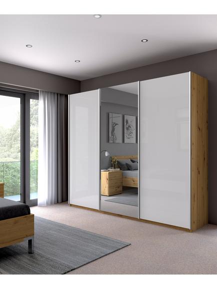 John Lewis Elstra 300cm White Glass & Mirrored 3 Sliding Doors Wardrobe, Bianco Oak - view 2, Bianco Oak