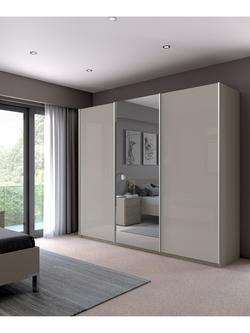 John Lewis Elstra 300cm Glass & Mirrored 3 Sliding Doors Wardrobe, Pebble Grey - view 2, Pebble Grey