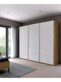 John Lewis Elstra 300cm Glass 3 Sliding Doors Wardrobe, Bianco Oak - view 2, Bianco Oak