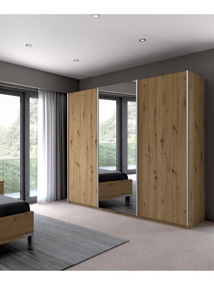 John Lewis Elstra 300cm Centre Mirrored 3 Sliding Doors Wardrobe, Bianco Oak - view 2, Bianco Oak