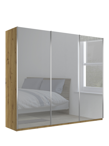 John Lewis Elstra 300cm Mirrored 3 Sliding Doors Wardrobe, Bianco Oak, Bianco Oak