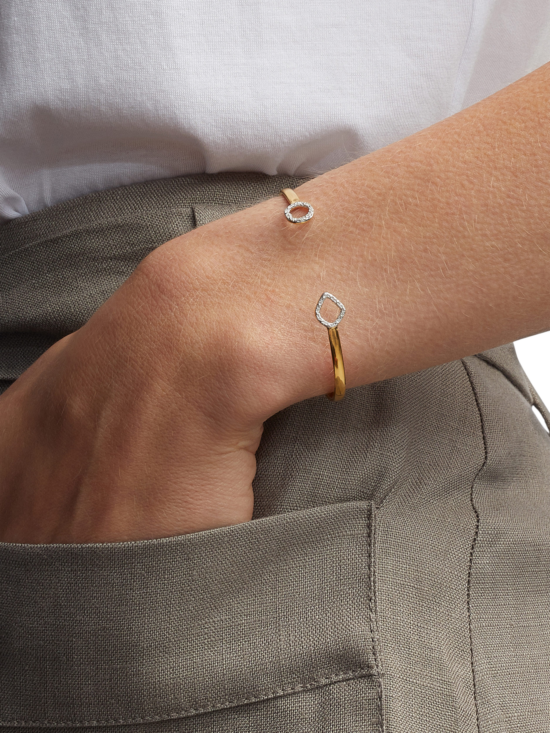 Product image 2 of 4, which shows Monica Vinader Riva Mini Kite and Circle Diamond Cuff, Gold