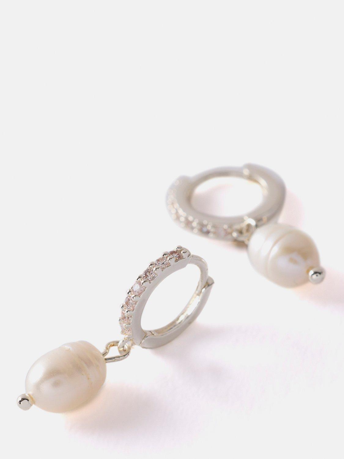 Product image 3 of 4, which shows Mint Velvet Pearl Drop Cubic Zirconia Hoop Earrings, Silver