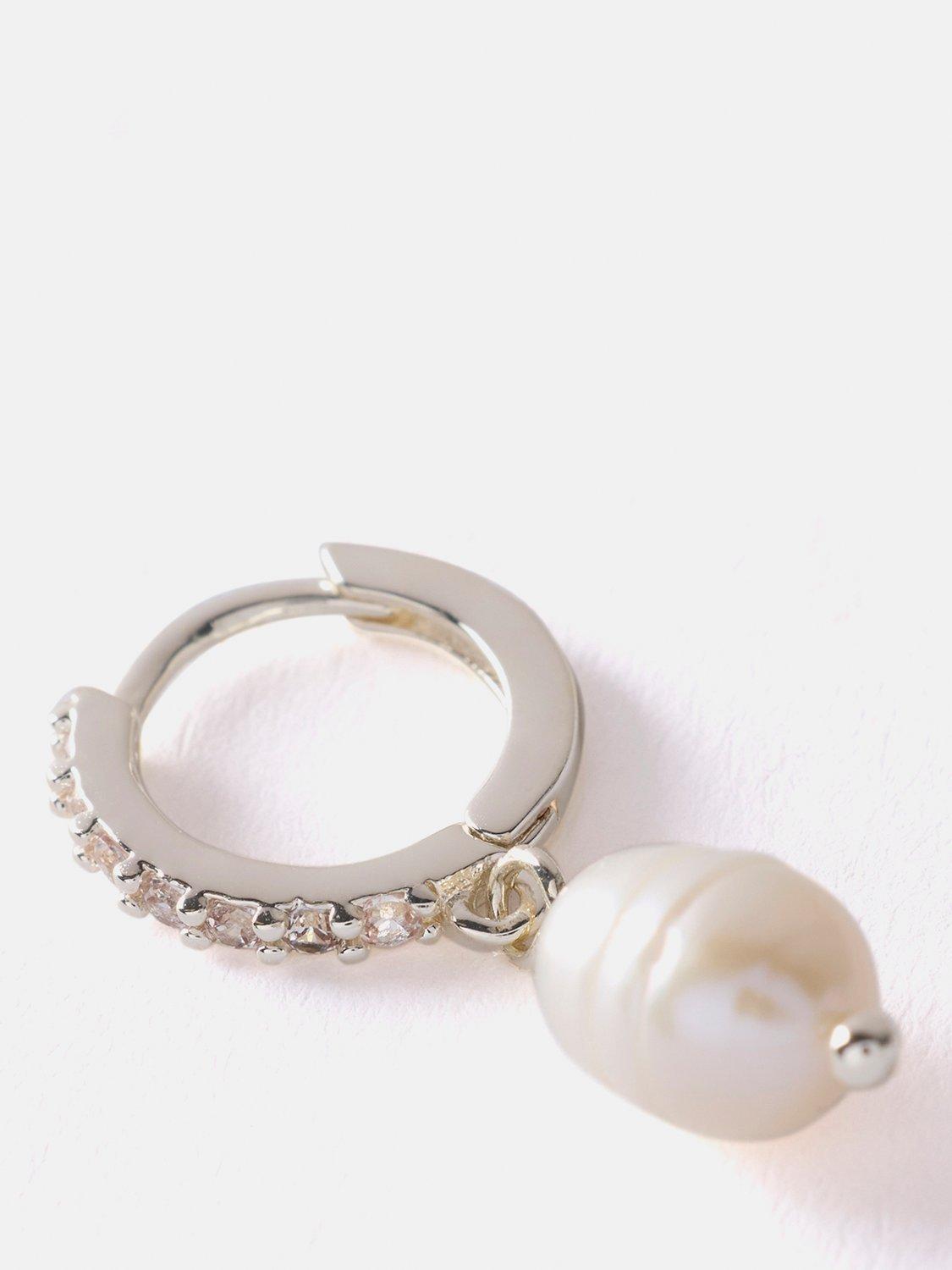 Product image 4 of 4, which shows Mint Velvet Pearl Drop Cubic Zirconia Hoop Earrings, Silver
