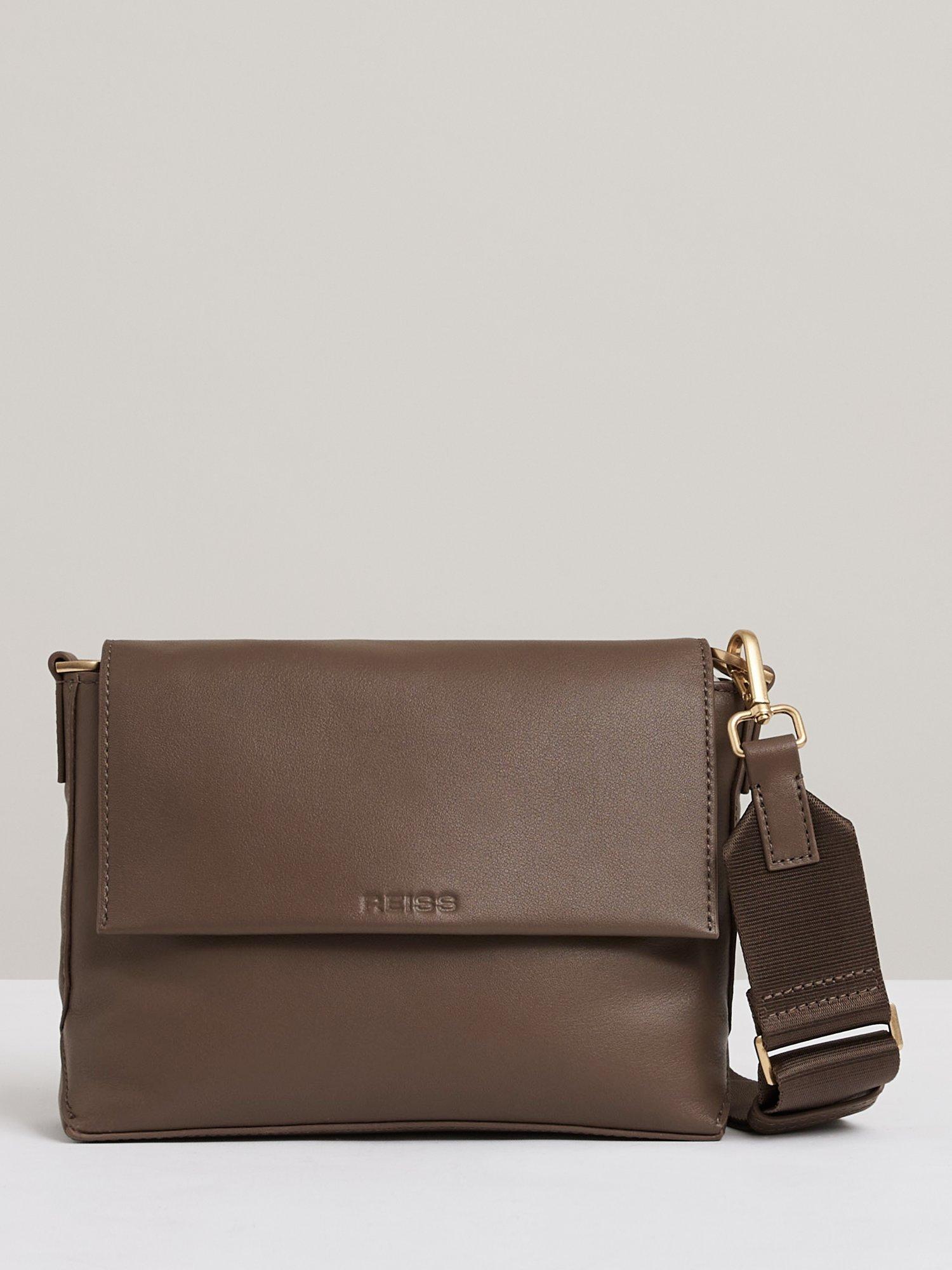 Reiss Selena Leather Flapover Crossbody Bag, Taupe