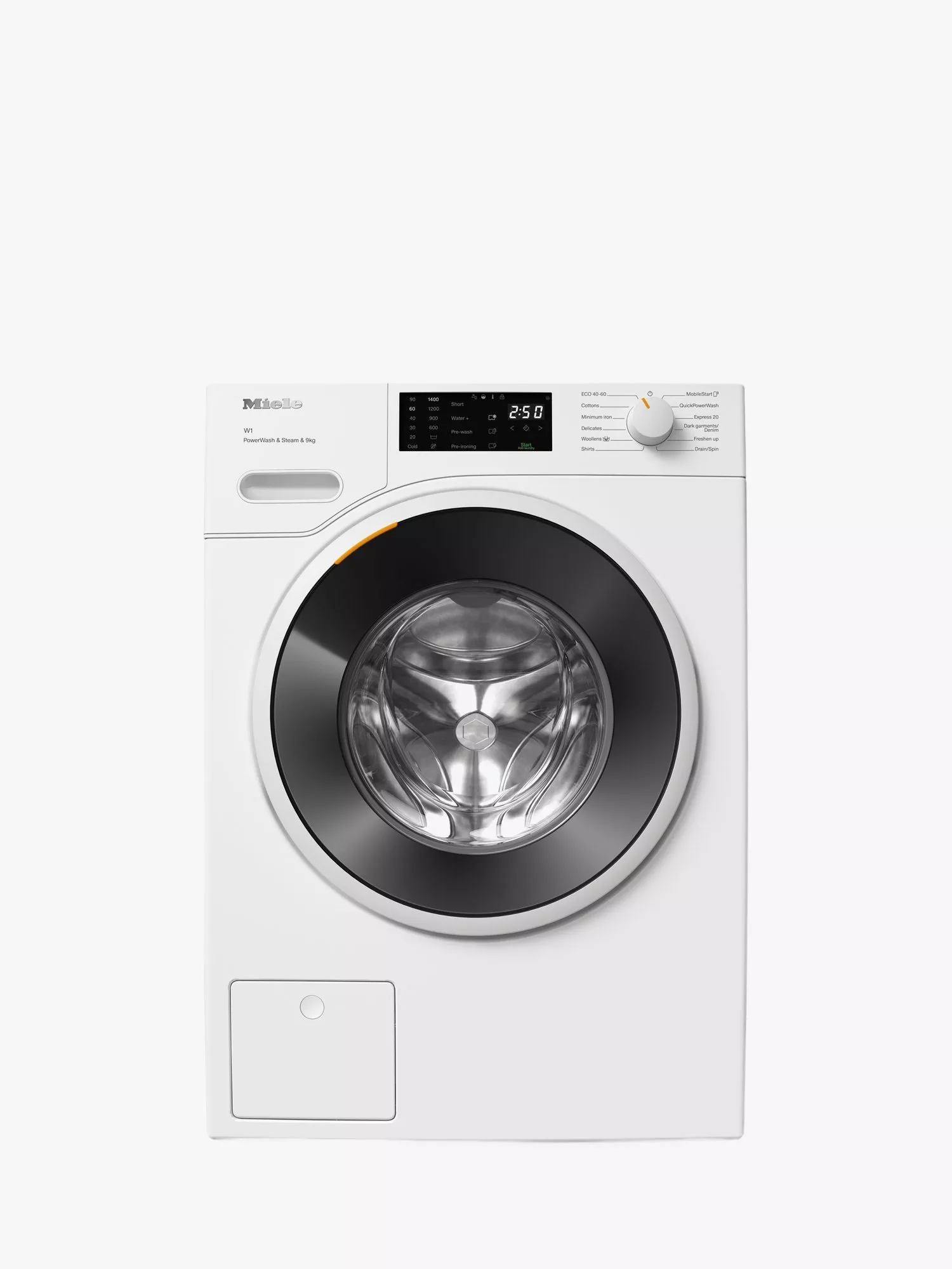 White front-loading heat pump tumble dryer with digital control panel and large black door, studio shot