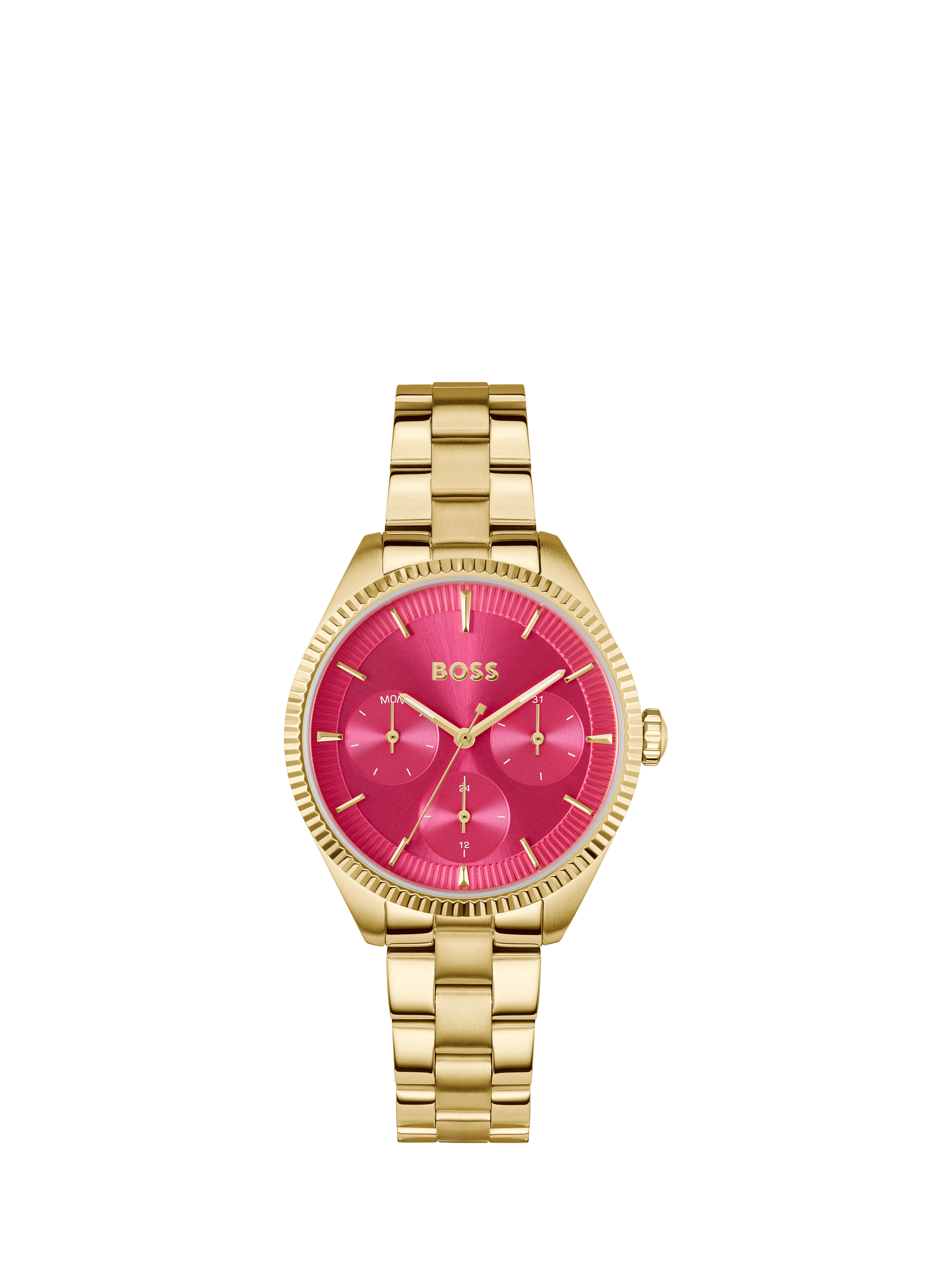 Product image 1 of 6, which shows BOSS 1502805 Women's Sage Sport Day Date Bracelet Strap Watch, Pink