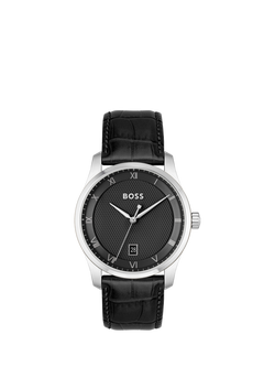 BOSS 1514122 Men's Principle Date Leather Strap Watch, Black, Black