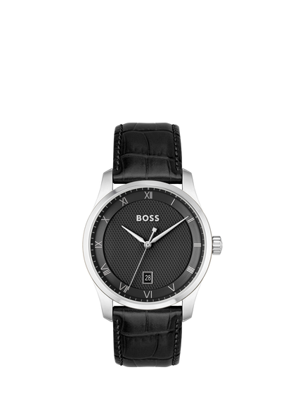 BOSS 1514122 Men's Principle Date Leather Strap Watch, Black, Black