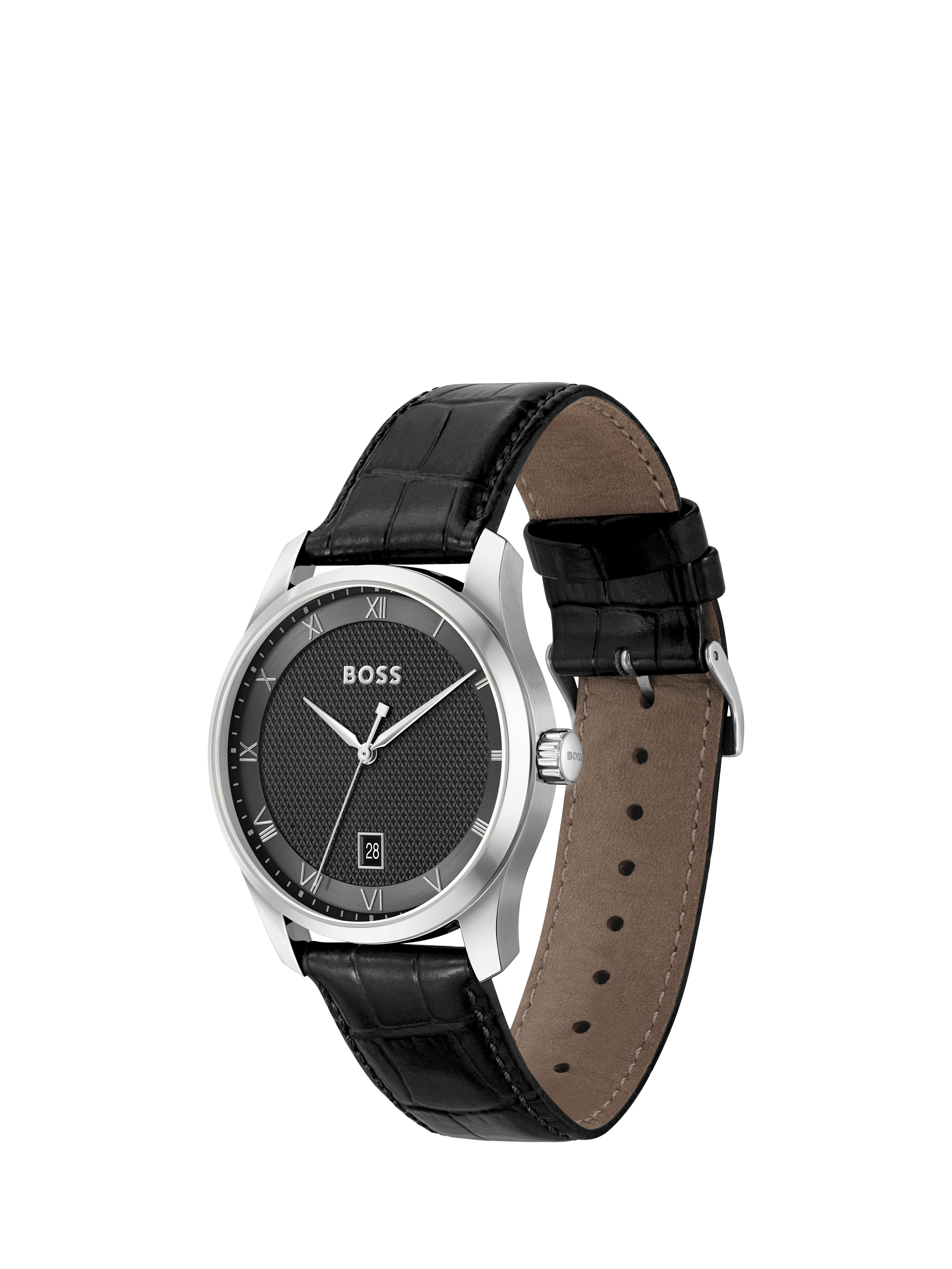 Product image 3 of 5, which shows BOSS 1514122 Men's Principle Date Leather Strap Watch, Black