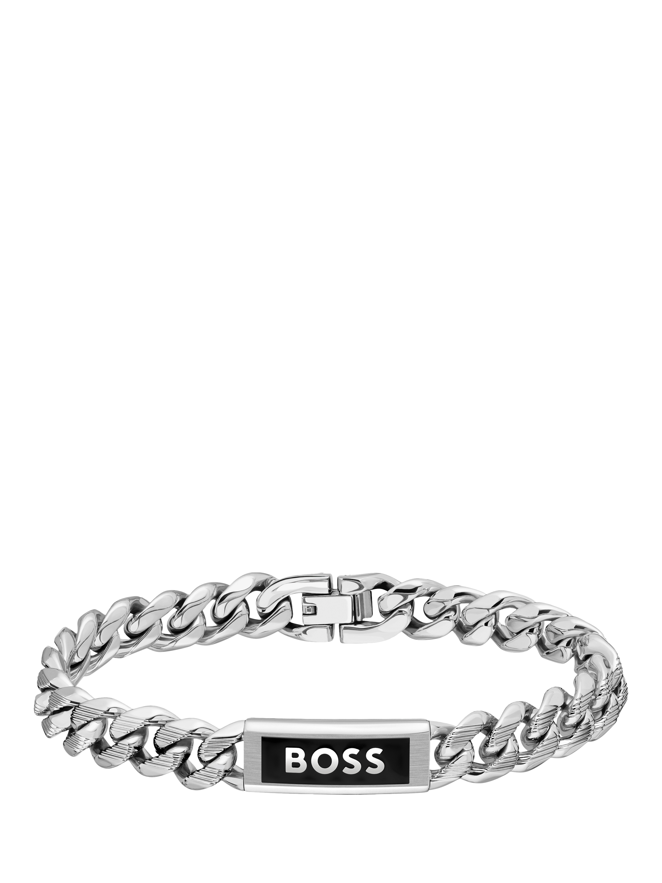 Product image 1 of 5, which shows BOSS Men's Kassy Emblem Logo Enamel Curb Chain Bracelet, Silver/Black