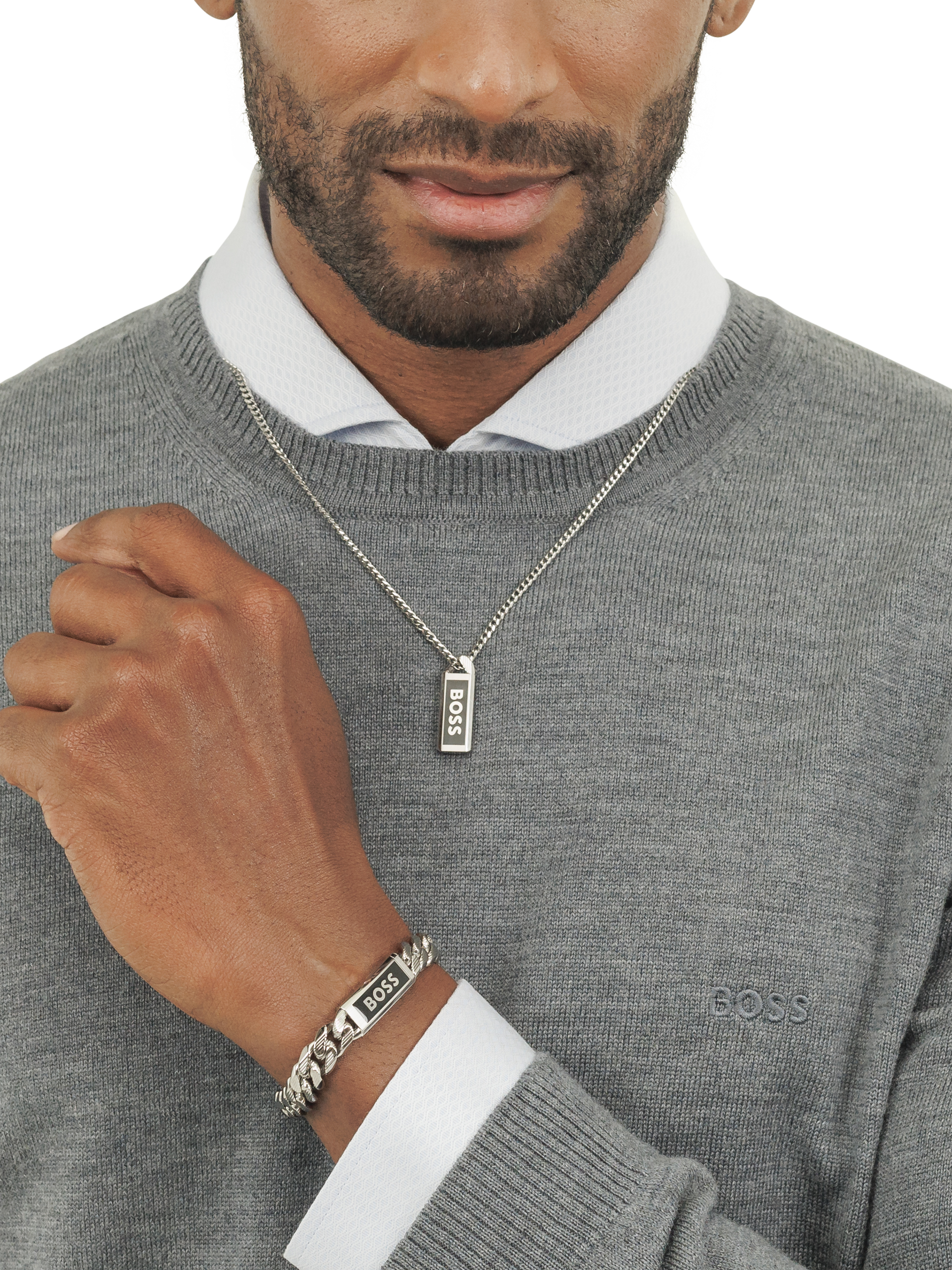 Product image 3 of 5, which shows BOSS Men's Kassy Emblem Logo Enamel Curb Chain Bracelet, Silver/Black