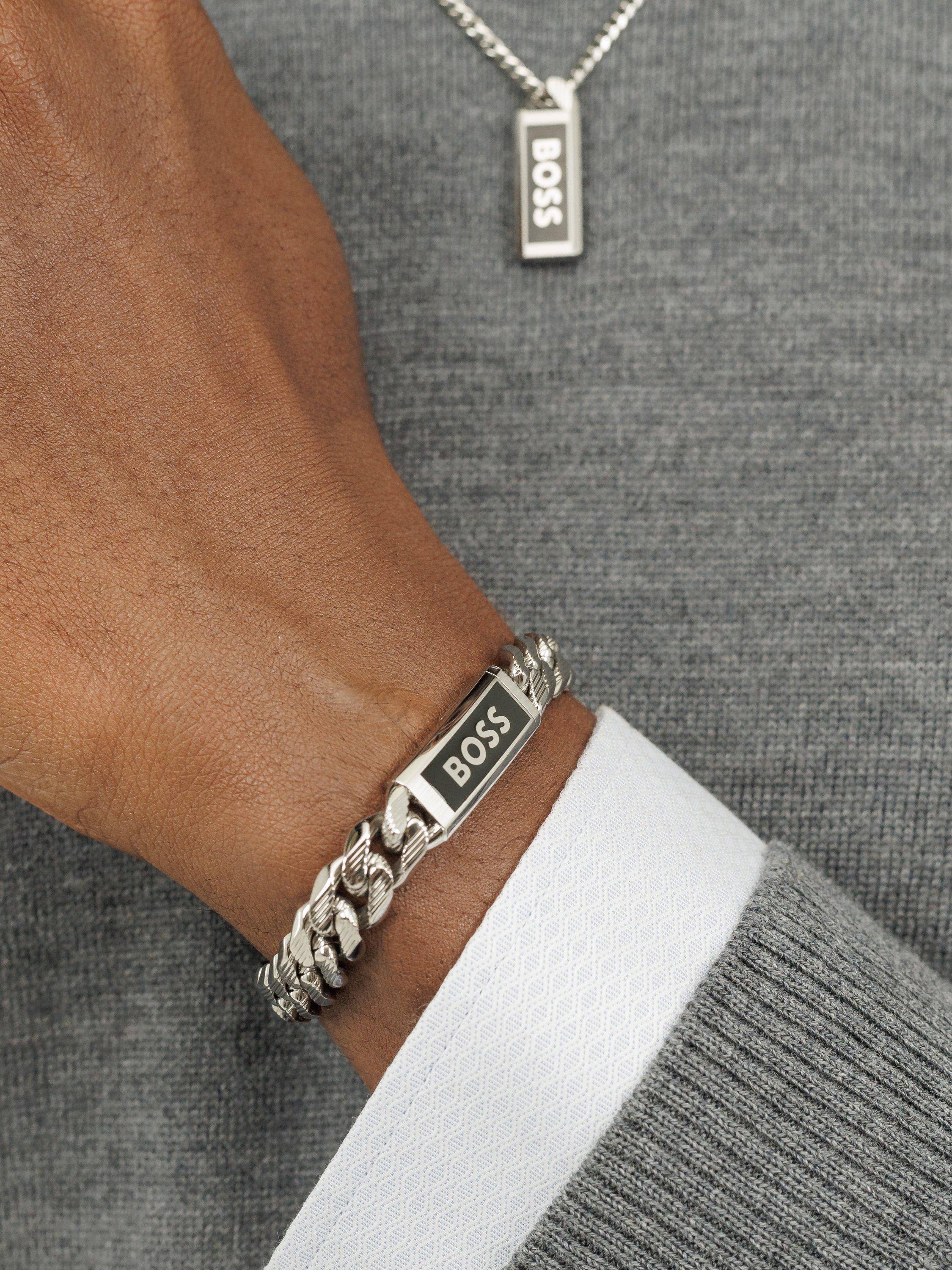 Product image 4 of 5, which shows BOSS Men's Kassy Emblem Logo Enamel Curb Chain Bracelet, Silver/Black