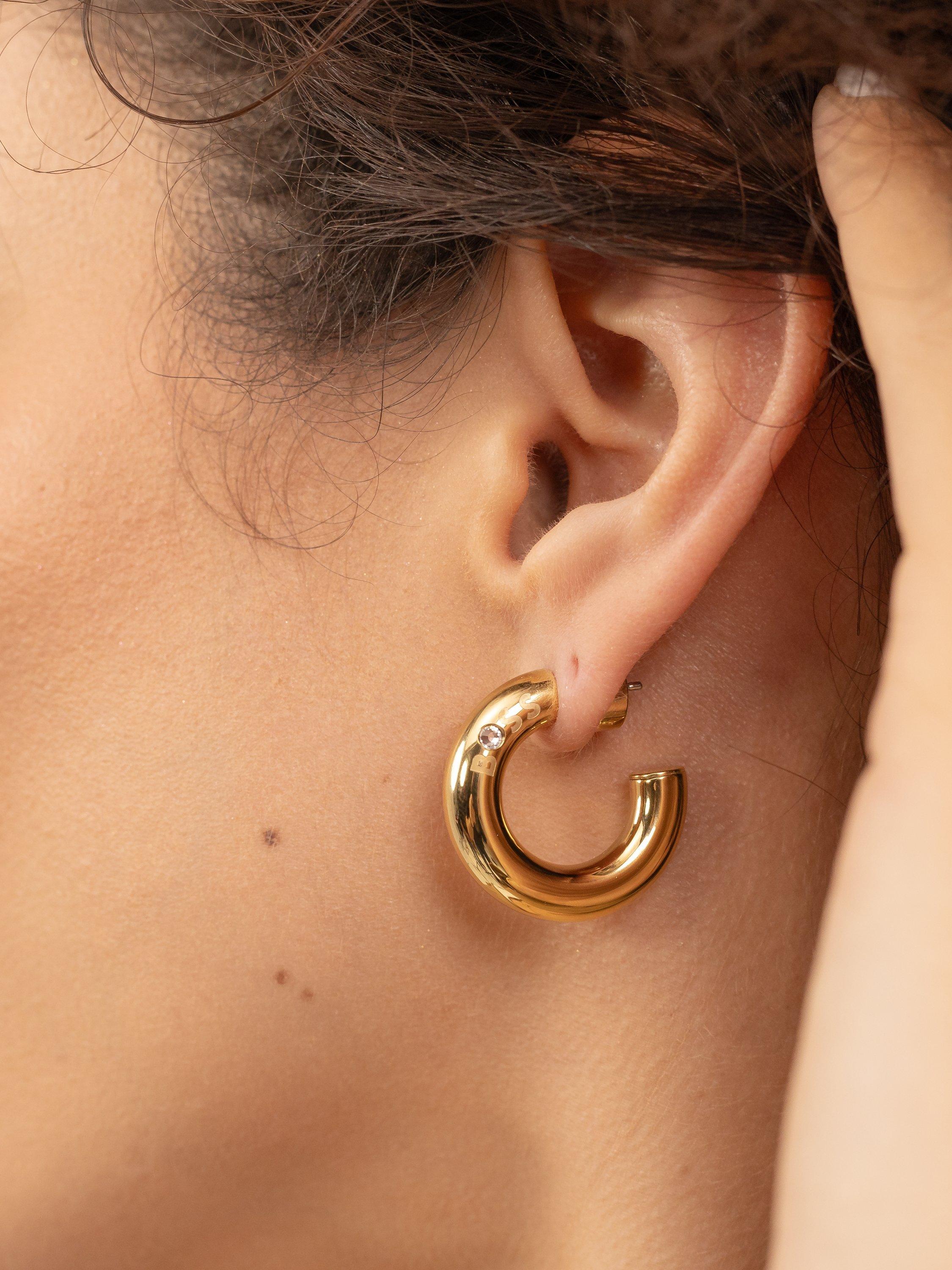 Product image 4 of 5, which shows BOSS Live Crystal Hoop Earrings, Gold