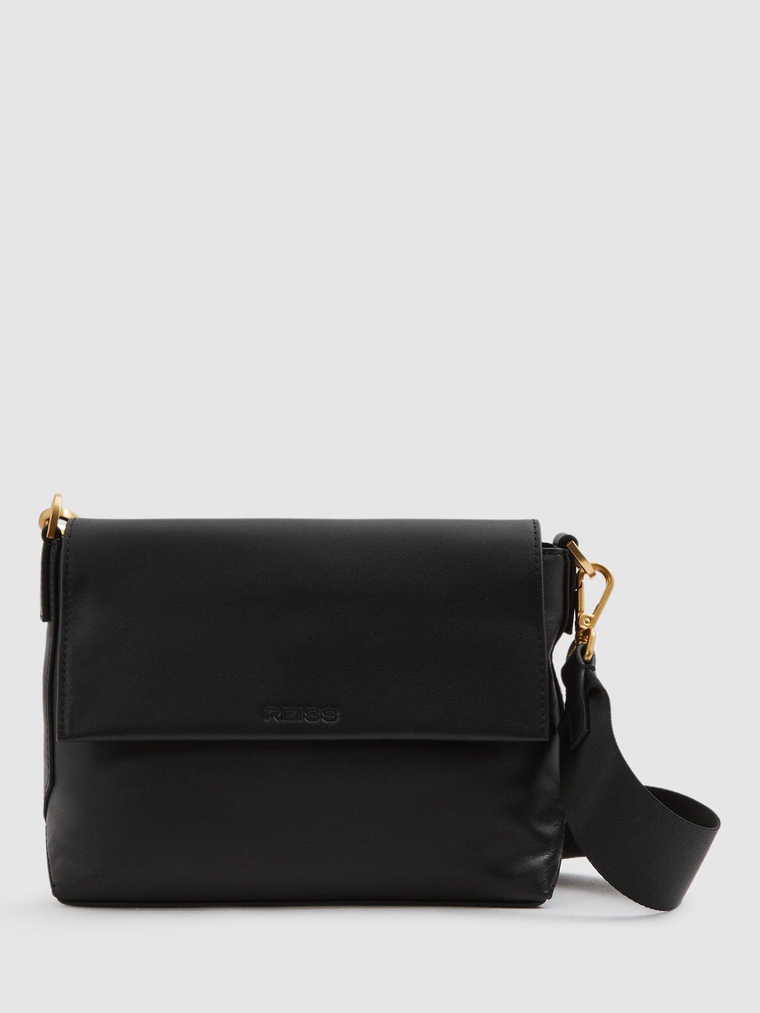 Reiss Selena Leather Flapover Crossbody Bag, Black