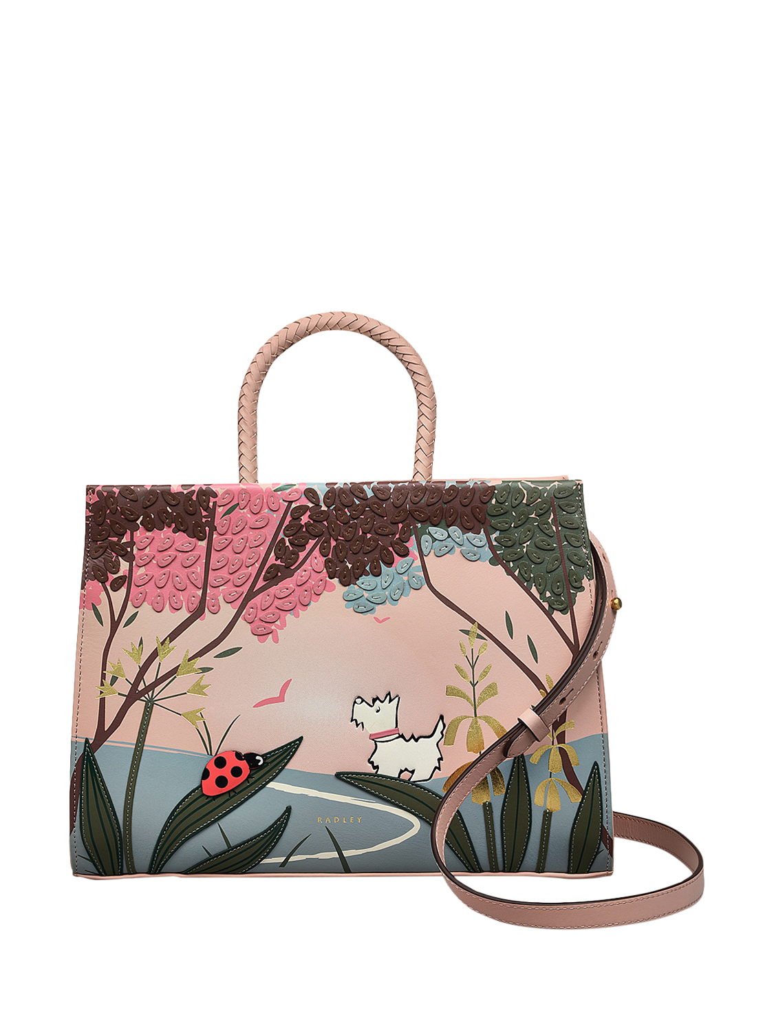 Product image 1 of 4, which shows Radley Spring Meadow Leather Medium Zip-Top Grab Bag, Pink Multi