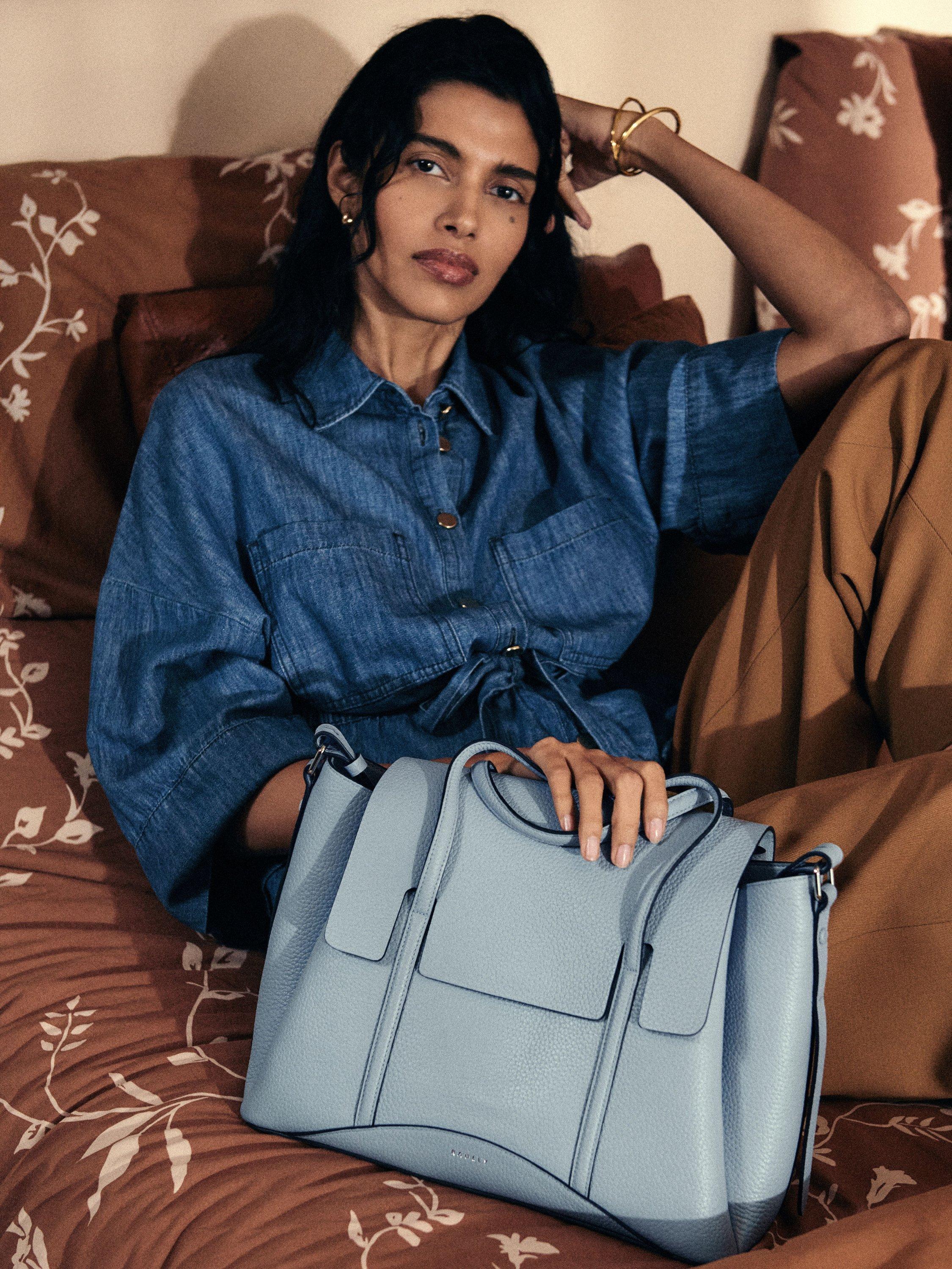Product image 7 of 8, which shows Radley The Chancery Leather Medium Flap Over Grab Bag, Smoke Blue