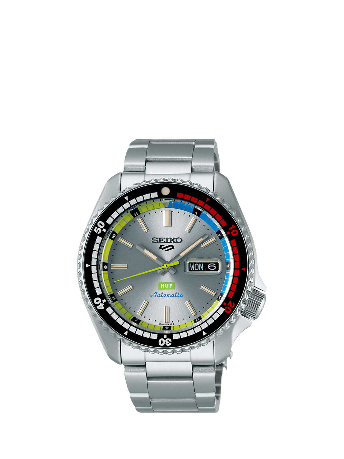 Seiko x HUF SRPL33K1 Men's Limited Edition 5 Sports Bracelet Strap Watch, Silver