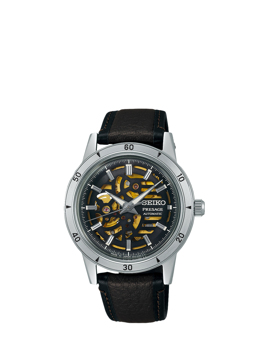 Product image 1 of 7, which shows Seiko SSA461J1 Men's Presage Style 60s Elegant yet Rugged Biker Automatic Leather Strap Watch, Grey/Brown
