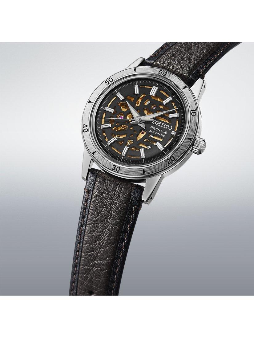 Product image 2 of 7, which shows Seiko SSA461J1 Men's Presage Style 60s Elegant yet Rugged Biker Automatic Leather Strap Watch, Grey/Brown