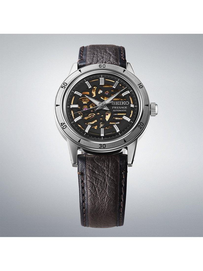 Product image 3 of 7, which shows Seiko SSA461J1 Men's Presage Style 60s Elegant yet Rugged Biker Automatic Leather Strap Watch, Grey/Brown