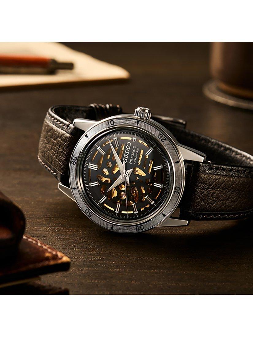 Product image 5 of 7, which shows Seiko SSA461J1 Men's Presage Style 60s Elegant yet Rugged Biker Automatic Leather Strap Watch, Grey/Brown
