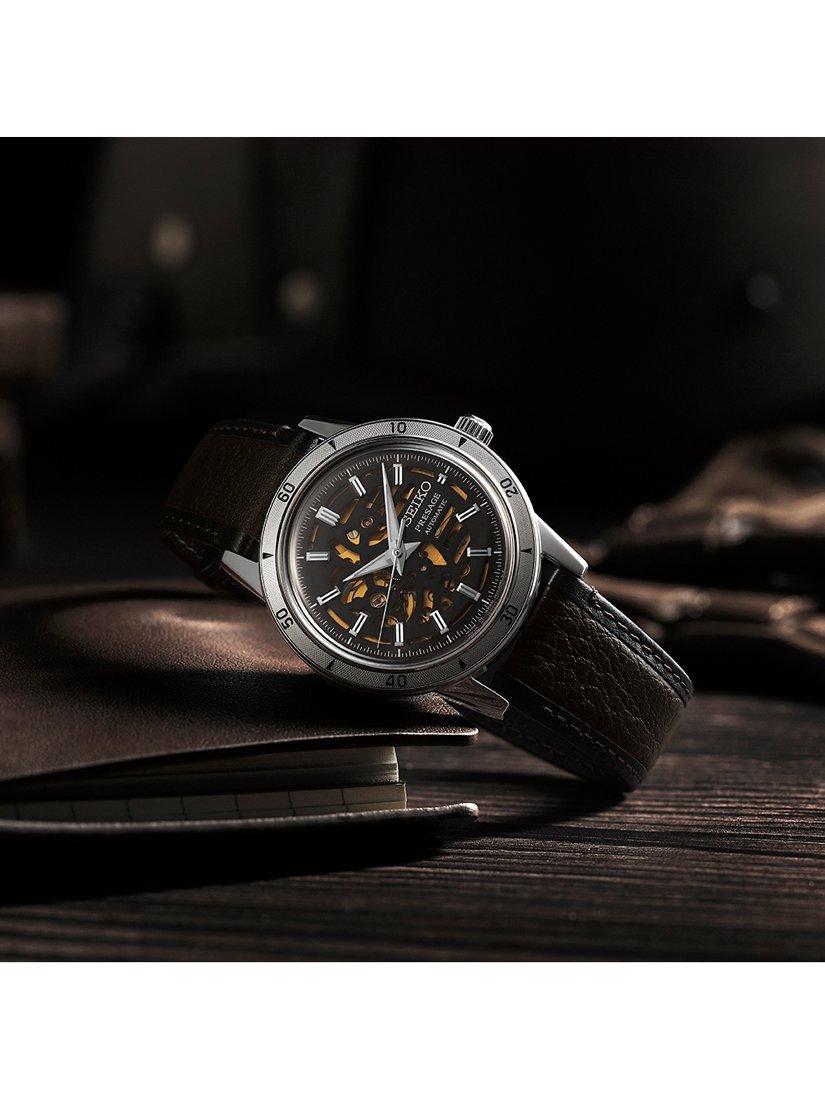 Product image 6 of 7, which shows Seiko SSA461J1 Men's Presage Style 60s Elegant yet Rugged Biker Automatic Leather Strap Watch, Grey/Brown