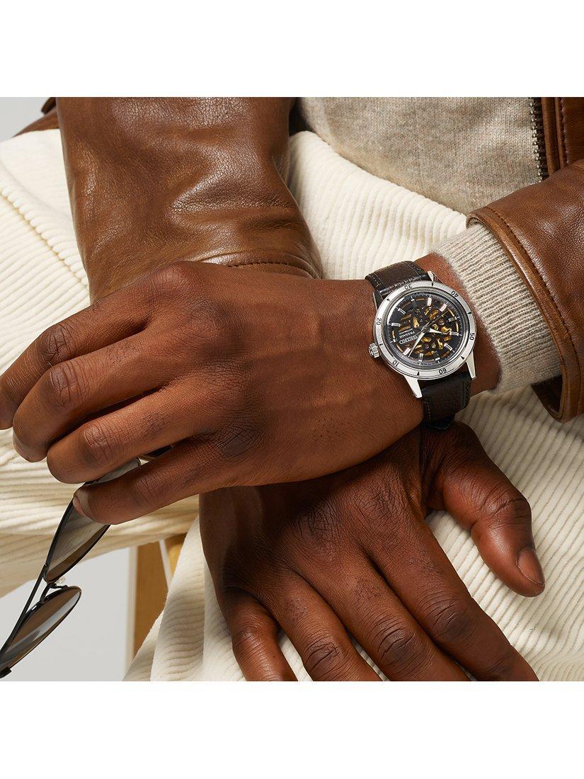 Product image 7 of 7, which shows Seiko SSA461J1 Men's Presage Style 60s Elegant yet Rugged Biker Automatic Leather Strap Watch, Grey/Brown