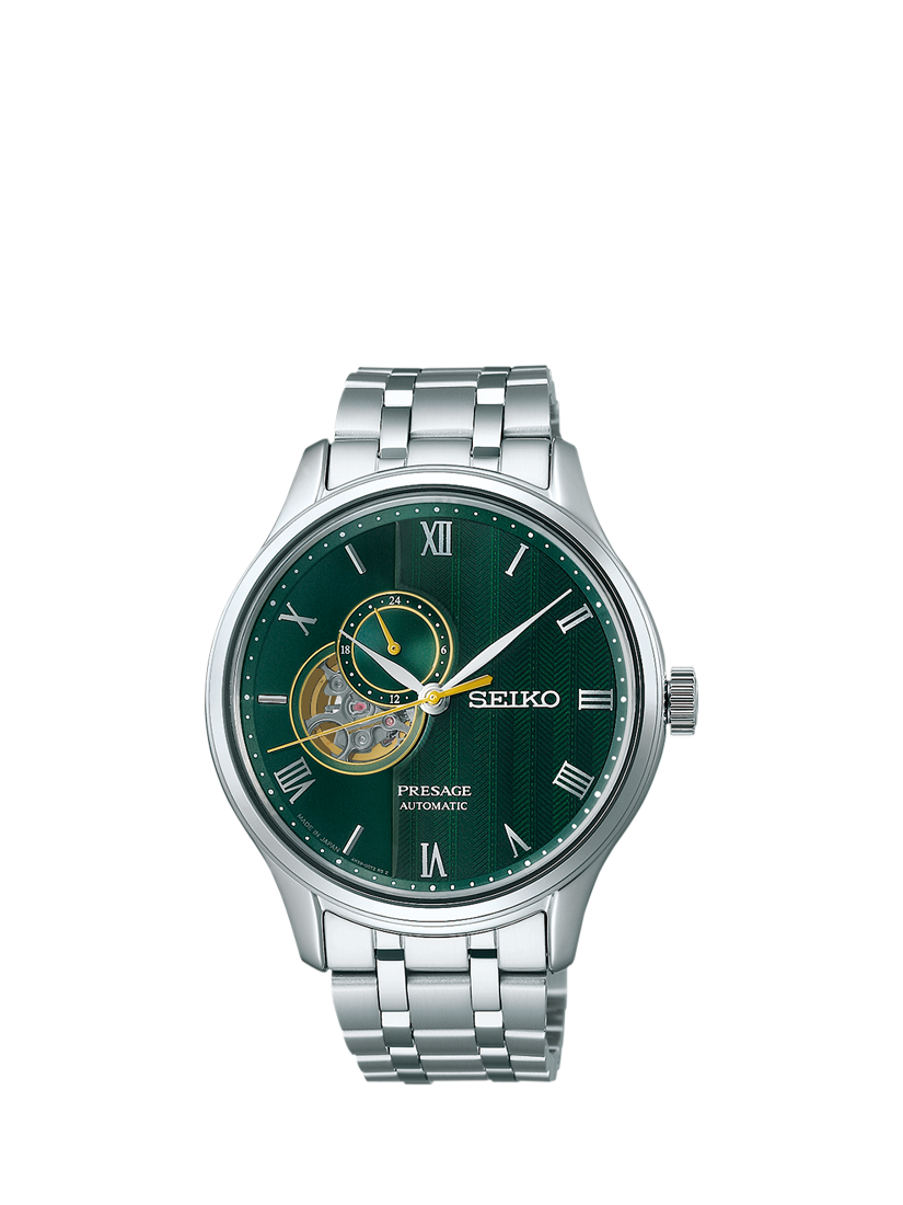 Product image 1 of 5, which shows Seiko Men's Presage Japanese Zen Gardens' Automatic Heartbeat Bracelet Strap Watch, SSA463J1 Silver/Green