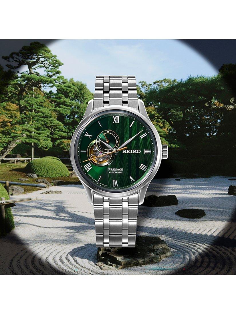 Product image 5 of 5, which shows Seiko Men's Presage Japanese Zen Gardens' Automatic Heartbeat Bracelet Strap Watch, SSA463J1 Silver/Green