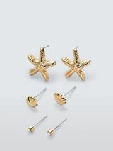 John Lewis Starfish, Shell & Diamante Stud Earrings, Pack of 3, Gold