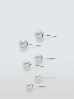 John Lewis Faux Pearl Stud Earrings, Pack of 3, Silver/White