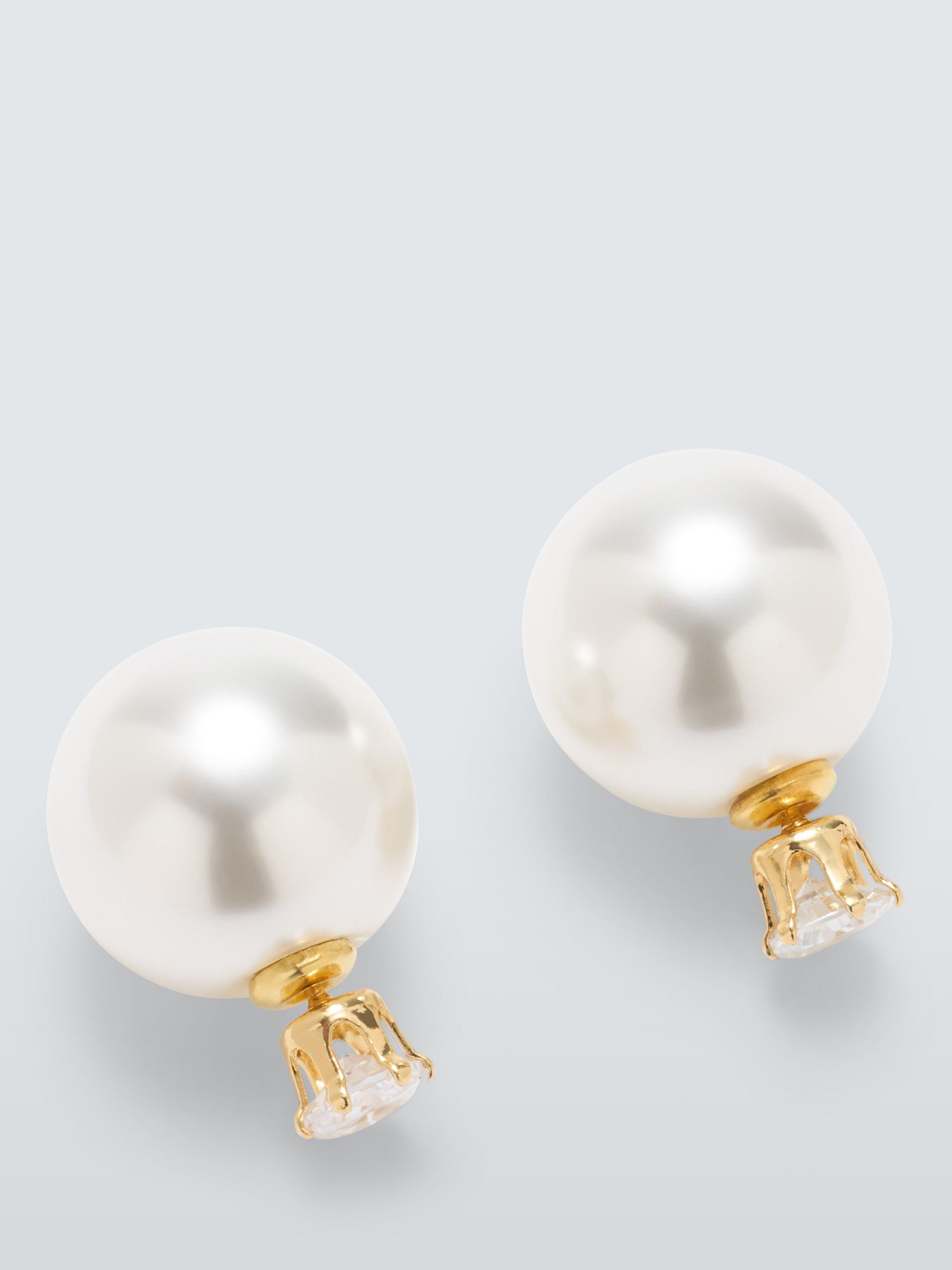 Product image 1 of 4, which shows John Lewis Faux Pearl and Cubic Zirconia Double Sided Stud Earrings, Gold/White