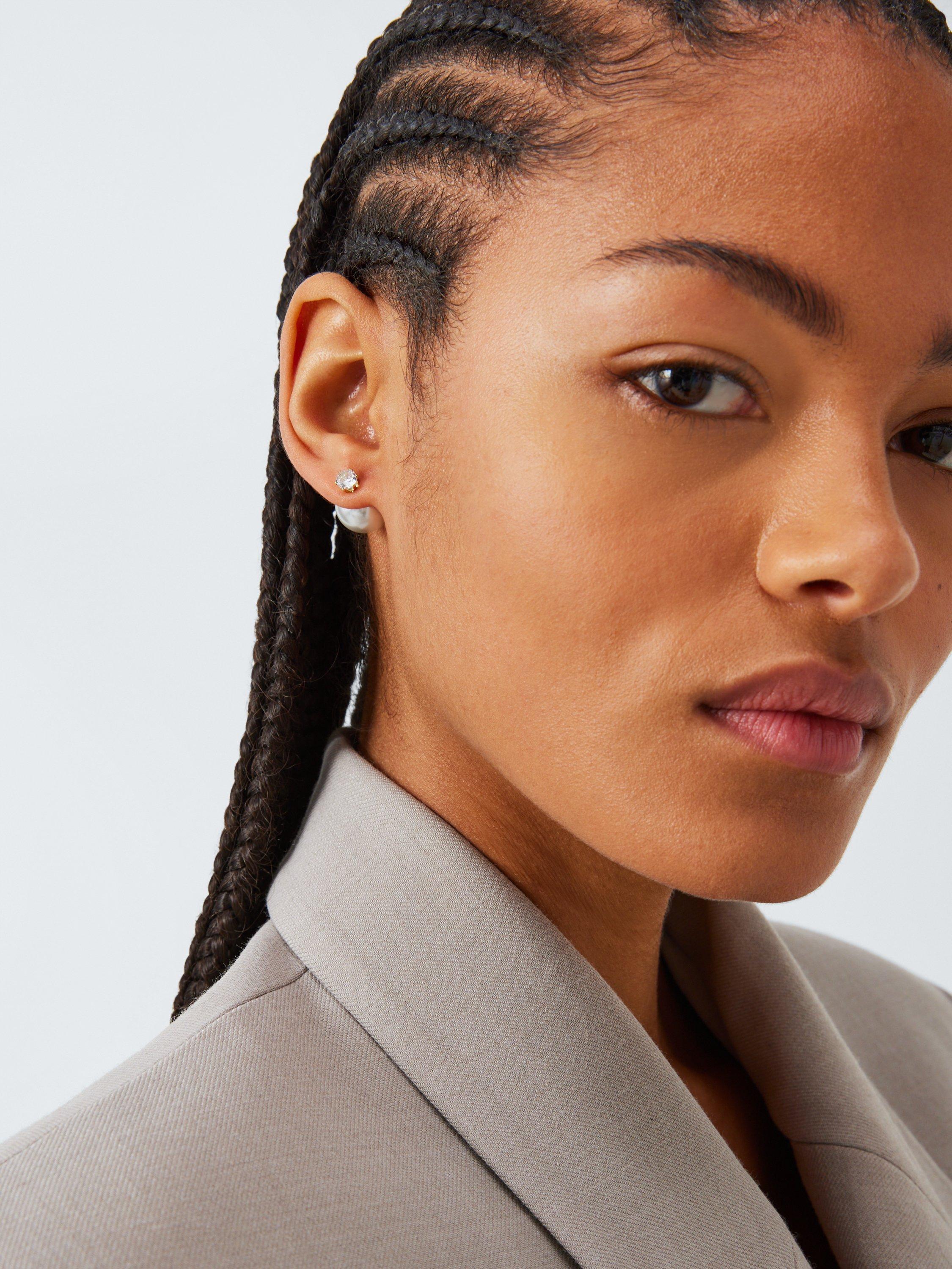 Product image 2 of 4, which shows John Lewis Faux Pearl and Cubic Zirconia Double Sided Stud Earrings, Gold/White