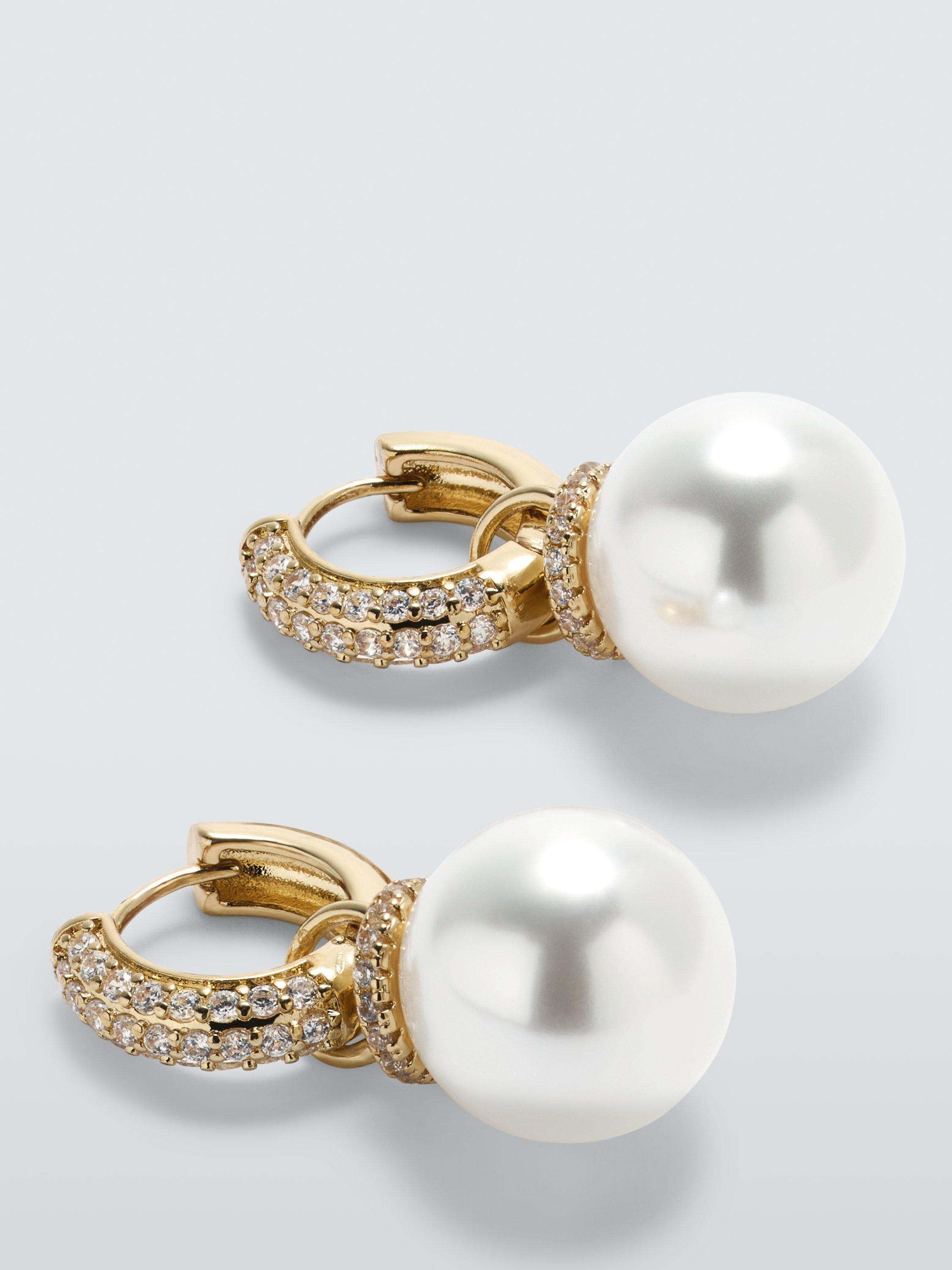John Lewis Diamante Hoop & Faux Pearl Drop Earrings, Gold/White