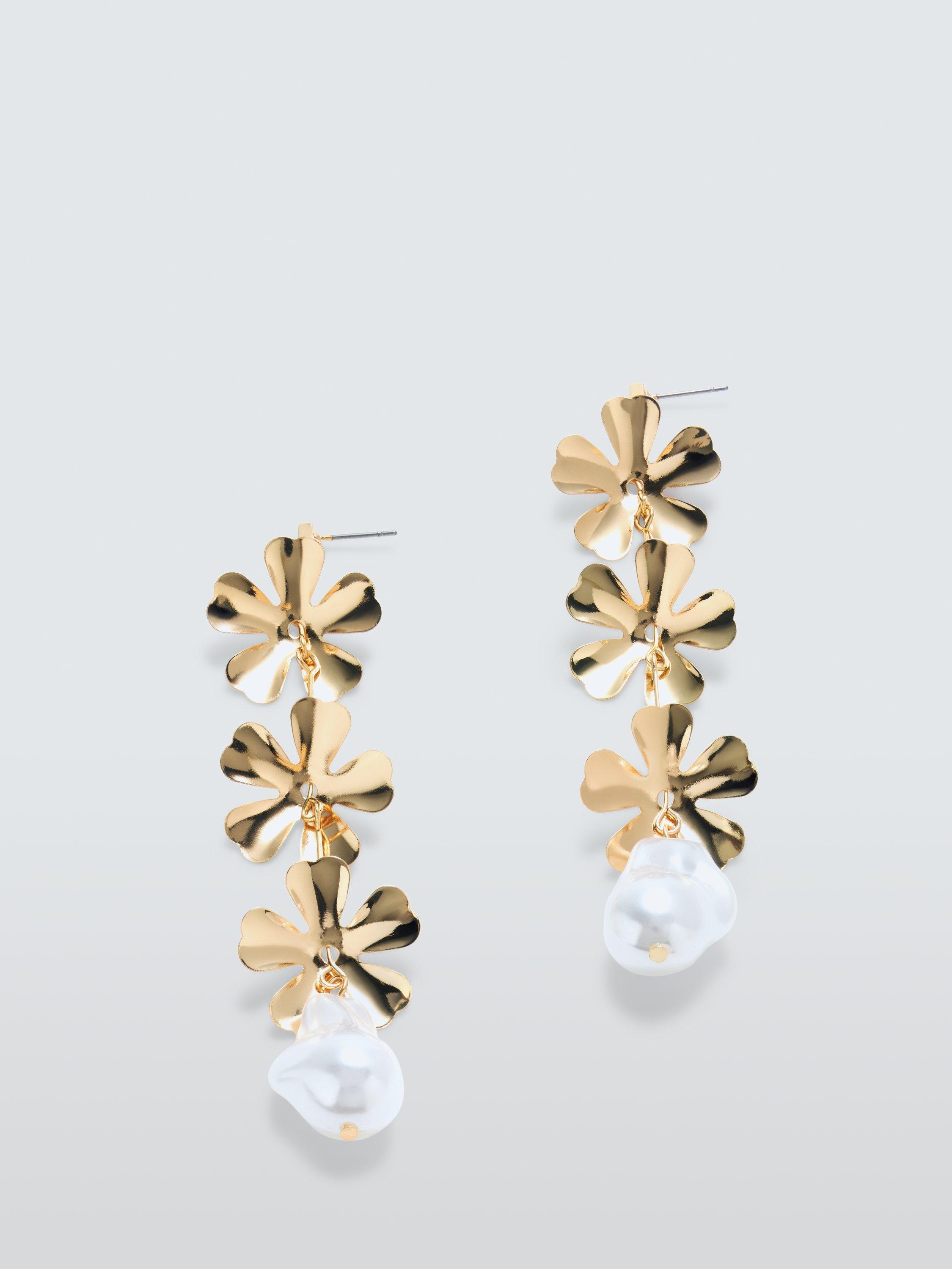 John Lewis Flower Petal & Faux Pearl Drop Earrings, Gold/White