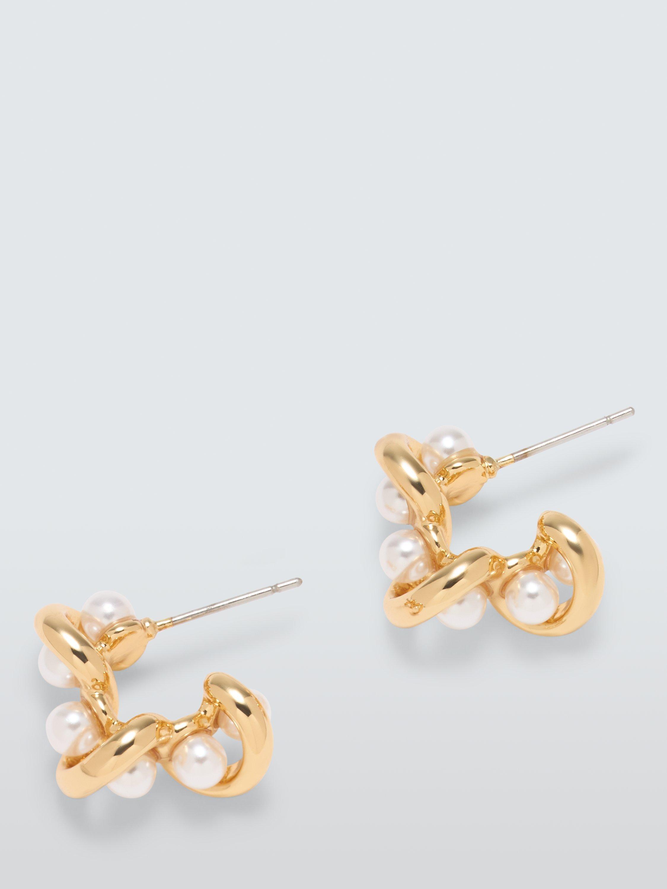 John Lewis Faux Pearl & Spiral Half Hoop Earrings, Gold/White