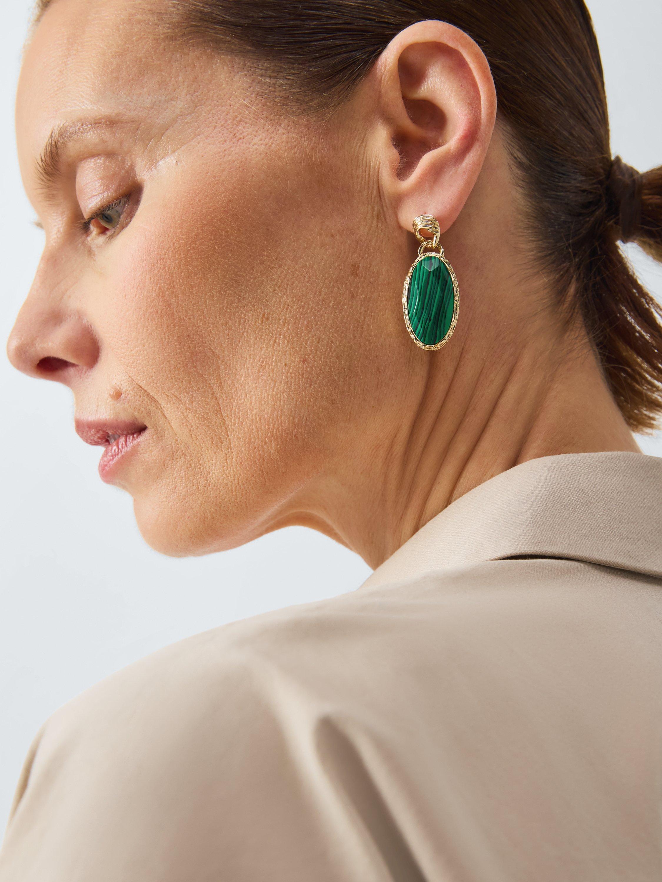 Product image 4 of 4, which shows John Lewis Malachite Oval Drop Earrings, Gold