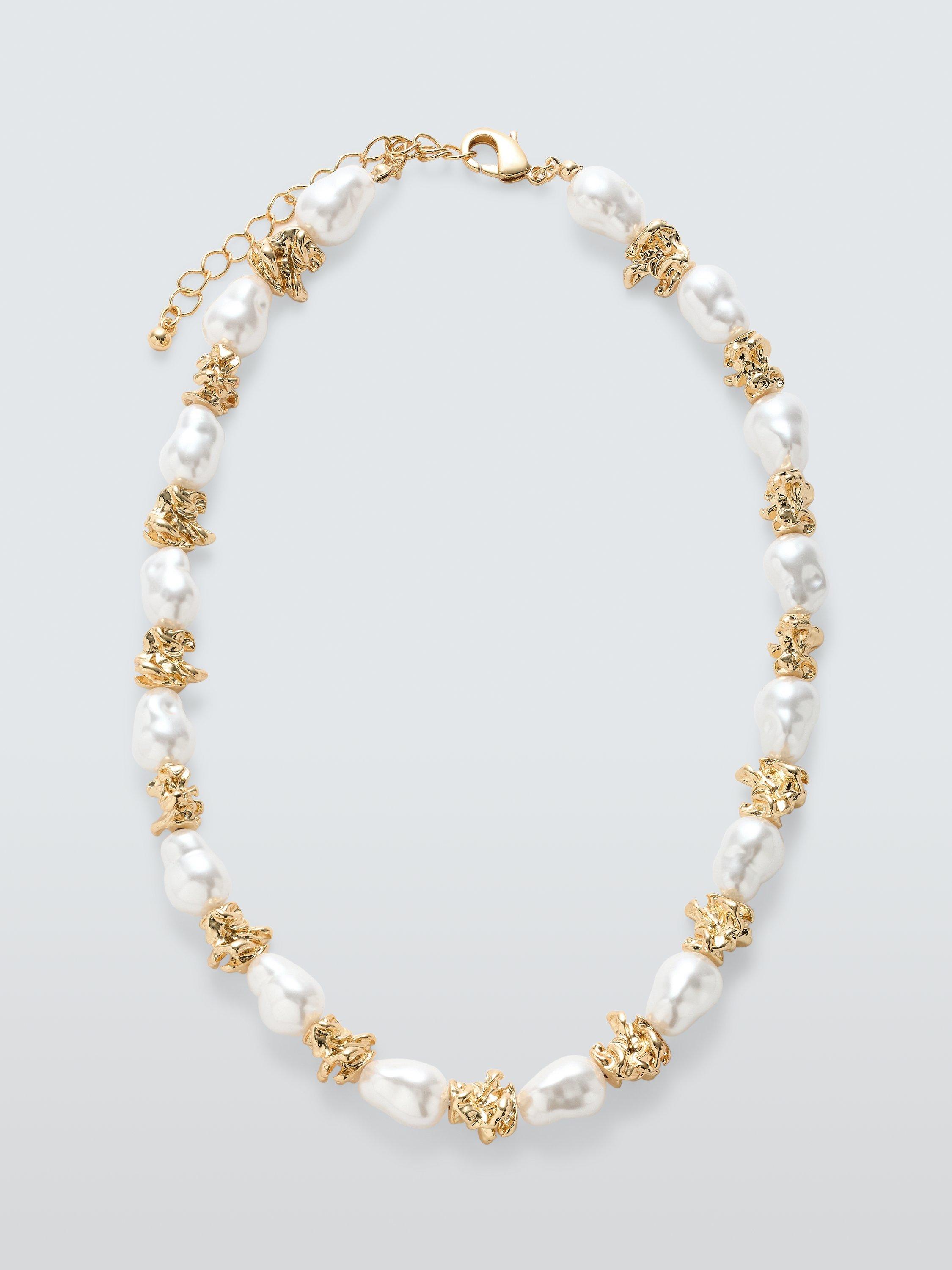 John Lewis Statement Metal Nugget & Faux Pearl Short Necklace, Gold/White