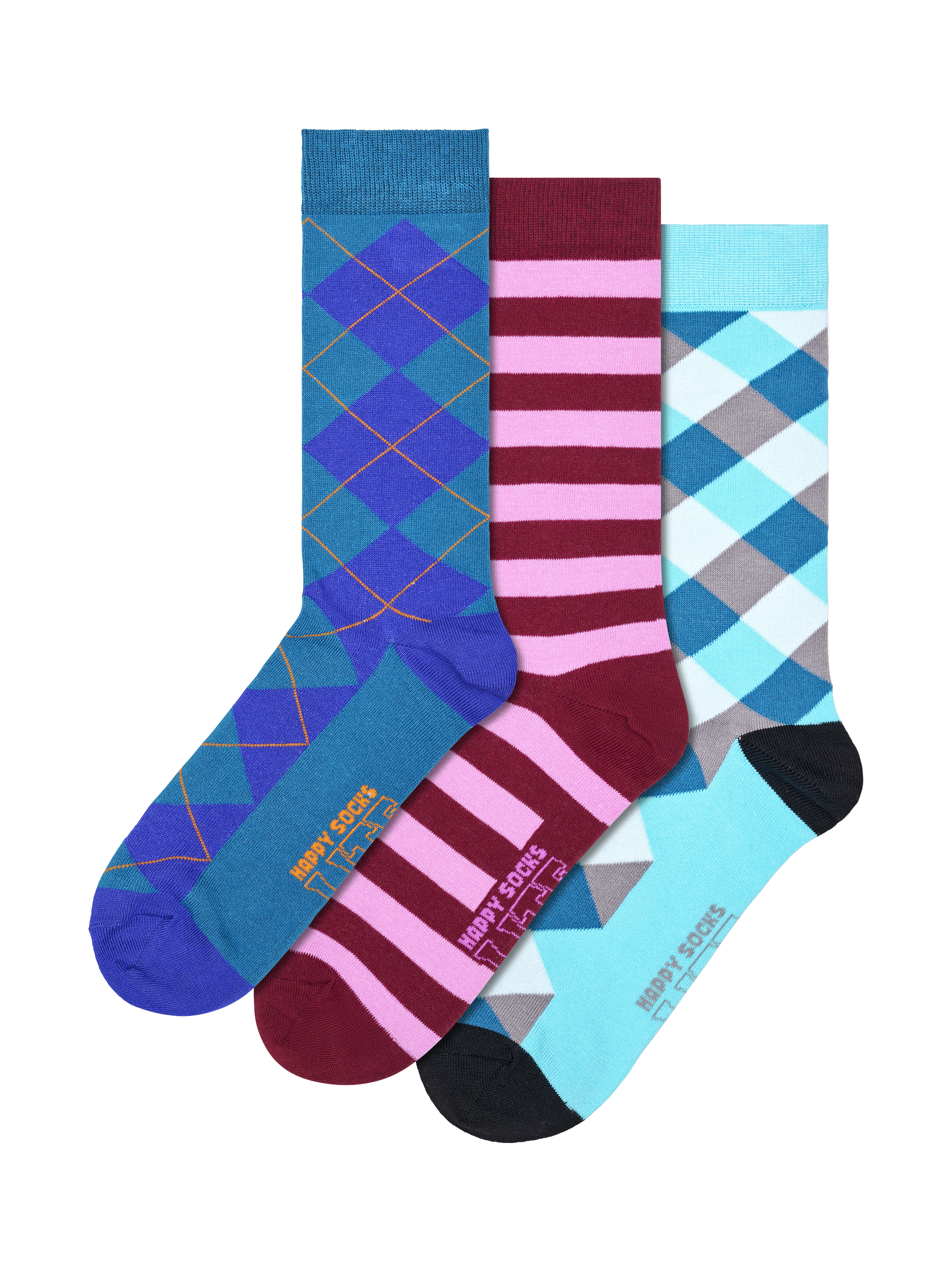 Product image 1 of 1, which shows Happy Socks Lite Argyll & Stripe Socks, Pack of 3, Multi